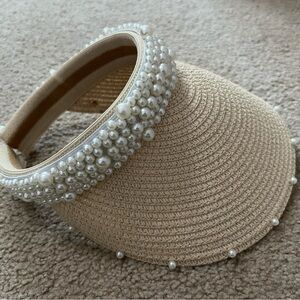 Elegant Pearl-Embellished Tan Visor